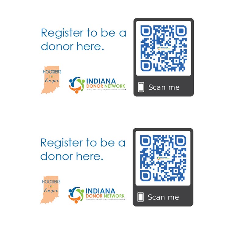 QR Codes and logos for Indiana Donor Network to 'Register to be a donor here'